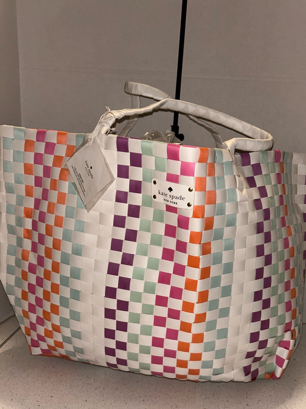 kate spade White Multicolor Woven Check Tote